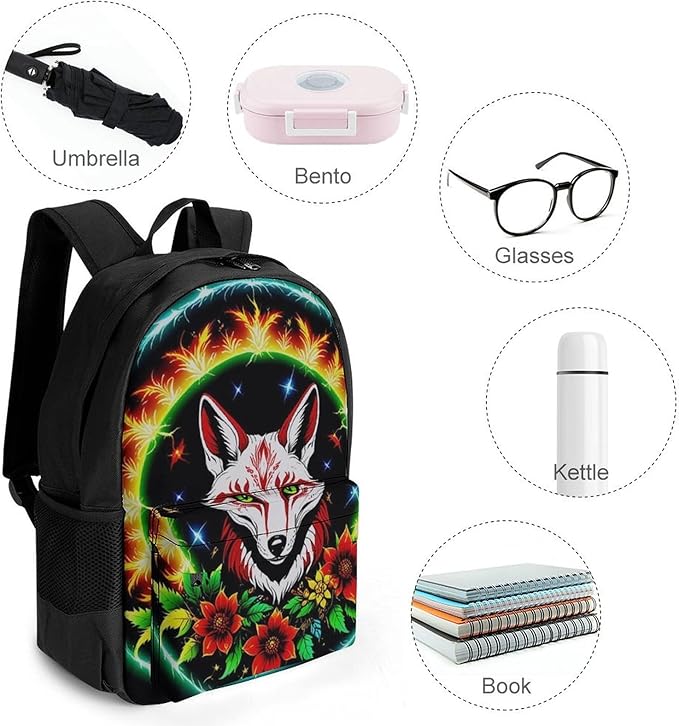 Daypack Anti-Theft Multipurpose Large Capacity Shoulder Bag, Blue Green Red Fire Flame Dragon Fox Kitsune Black Art Travel Hiking Camping Rucksack With Smooth Zippers