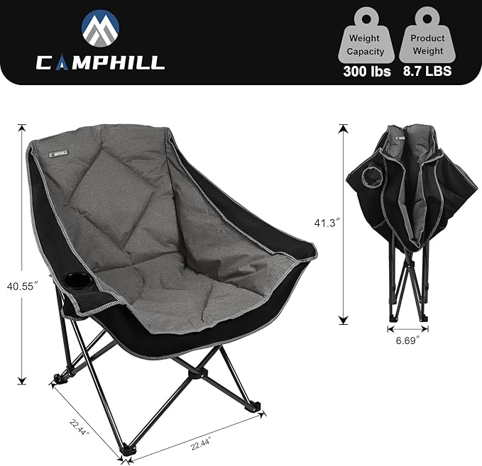 CAMPHILL Folding Camping Chair,Oversized Portable Camping Chair with Cup Holder,Heavy Duty Padded Lawn Chair for Camping, Tailgates, Beach, and Sports