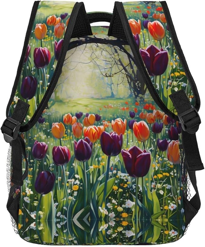 Daypack Anti-Theft Multipurpose Large Capacity Shoulder Bag, Colorful Sea Of Tulips Art Travel Hiking Camping Rucksack With Smooth Zippers