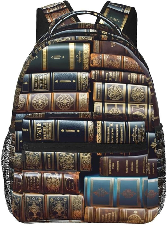 Men Women Polyester Vintage Books Art Casual Daypack Large Capacity Carry On Bag With Adjustable Shoulder Straps for Camping Work Running