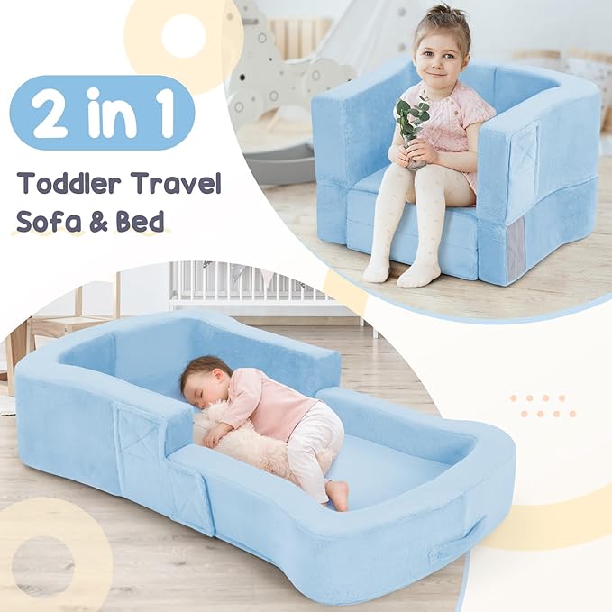 Toddler Travel Bed, 2-in-1 Foldable Portable Toddler Bed Sofa Chair, Soft Baby Kids Travel Floor Cot with Washable Covers Safety Foam Raised Bumper for Camping Hotel Sleeping (Blue)