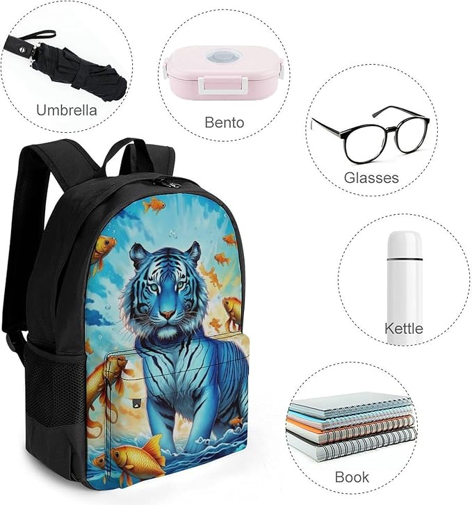 Daypack Backpack Anti-Theft Multipurpose Big Capacity Bookbag, Trippy Tiger Goldfish Business Computer Bag With Side Pockets