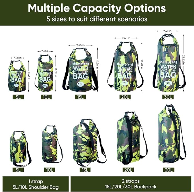 Waterproof Dry Bag 5L/10L/15L/20L/30L Roll Top Dry Storage Backpack with Phone Case, Collapsible Water Bottle, Sunglasses, Ear Band for Kayaking Boating Swimming Fishing Camping, Green 10L