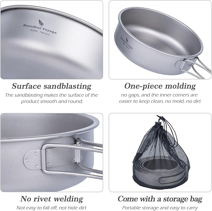 Boundless Voyage Titanium Bowls Dishes Set with Folding Handle Lightweight Portable Plates Saucers Tableware for Outdoor Camping Hiking Backpacking Ti1096T