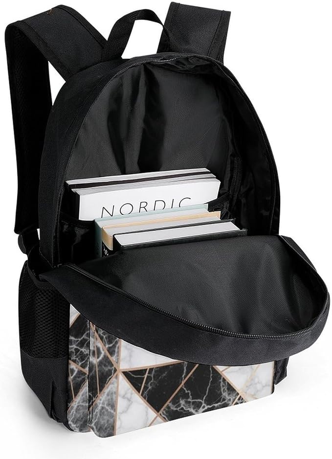 Men Women Polyester Rose Gold Glitter Marble Geometric Triangle Daypack Big Capacity Shoulder Bag With Adjustable Shoulder Straps for Camping Travel Walking Cycling