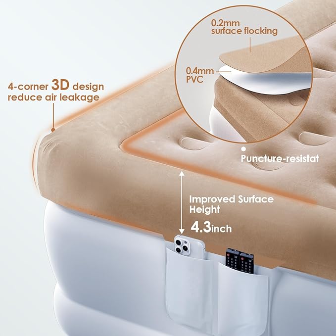 Air Mattress Queen with Built in Pump, 18'' Luxury Inflatable Mattress, 3 Min Fast Blow up Mattress with Dual-Chamber, Comfort Top - Velvety Air Bed for Home, Camping, Travel, Guests, White + Khaki