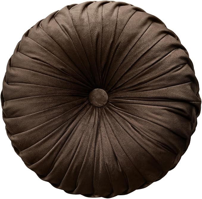 Round Throw Pillow Velvet Home Decoration Pleated Round Pillow Cushion for Couch Chair Bed Car (Brown)