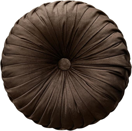 Round Throw Pillow Velvet Home Decoration Pleated Round Pillow Cushion for Couch Chair Bed Car (Brown)