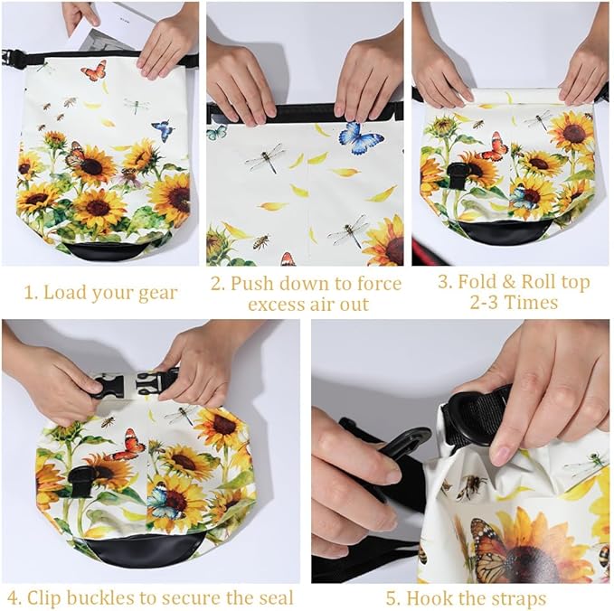 Floating Waterproof Dry Bag Backpack 5L Lightweight Sunflower Butterfly Pattern PVC Roll Top Dry Sack for Kayaking Boating Camping Fishing Swimming Beach Rafting Hiking Outdoor Activities