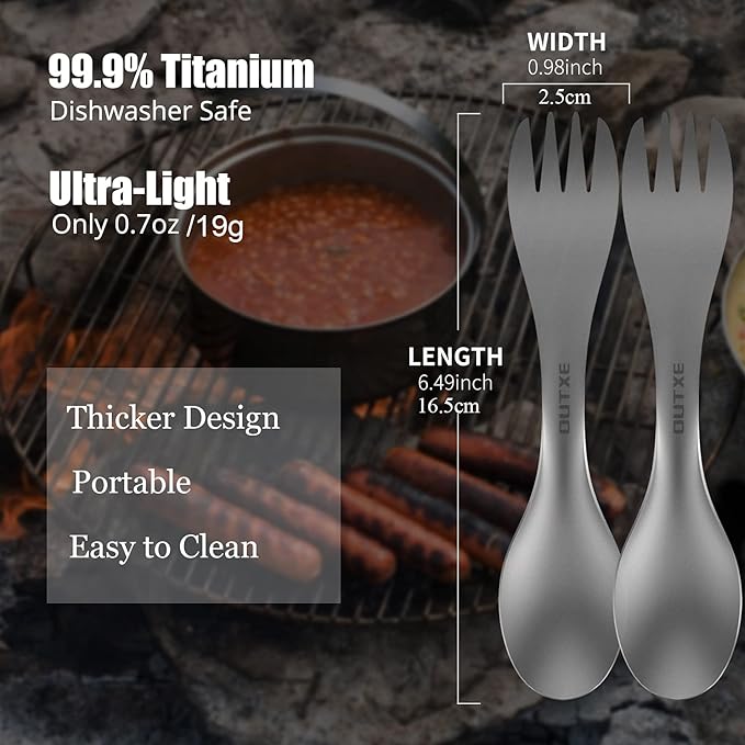 OUTXE Titanium 2 in 1 Fork and Spoon Combo 2-Pack Ultra Lightweight Camping Utensil, Eco-Friendly Spork for Backpacking, Hiking, Outdoors