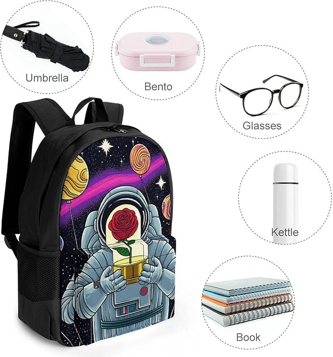 Supdreamc Rucksacks Lightweight Multipurpose Anti-Theft Astronaut Starry Sky Roses Colorful Planet Art Shoulder Bag Big Capacity Traveling Camping Backpack With Side Pockets