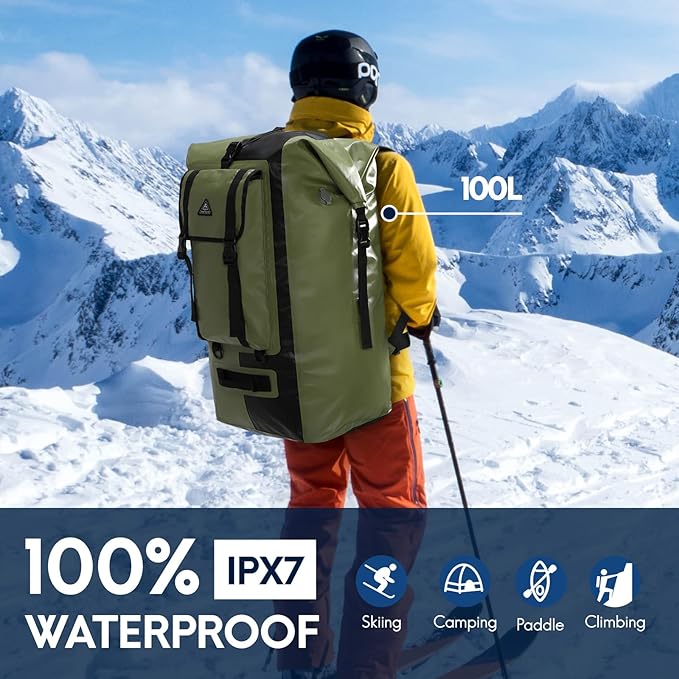 Haimont Waterproof Dry Backpack IPX7 Roll-top Dry Large Marine Dry Bag for Men Kayaking Rafting, 100L, Army Green/Black