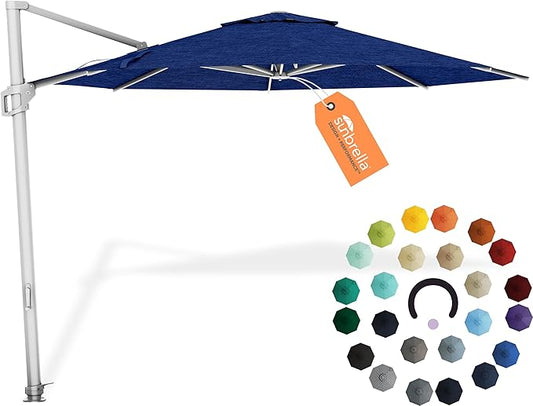 Midtown Umbrellas 10 Ft Outdoor Cantilever Patio Umbrella w/Sunbrella Spectrum Indigo Fabric - Tilt 360° Offset Patio Umbrella, Deck Patio Umbrella, Backyard Umbrella & Garden Umbrella - Silver Frame