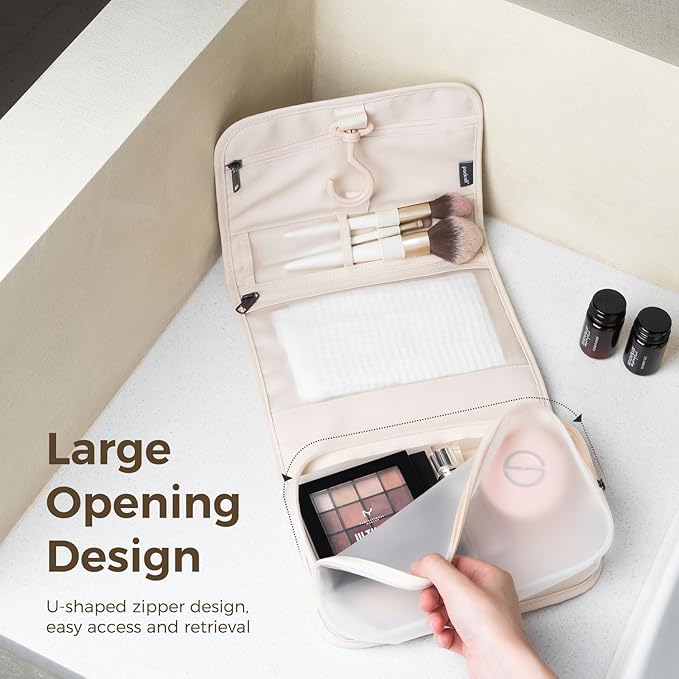 pack all Hanging Travel Toiletry Bag, Foldable Cosmetic Bag with Multiple Compartments, Water-Resistant Makeup Bag for Toiletries, Accessories (Light Beige)