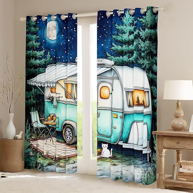 Cartoon Camper Nursery Bedroom Playroom Decor,Starry Sky Moonlight Pine Tree Natural Window Drapes,RV Trailer Summer Adventure Boys Girls Room Decor,Teal 2 Panels,52Wx96L inch