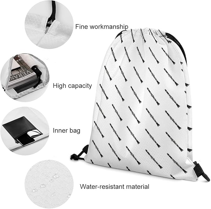 Gym Drawstring Backpack Water Resistant Sackpack with Compartment for Swimming Beach Sports Travel Unisex, Clarinet Musical Instrument Bags
