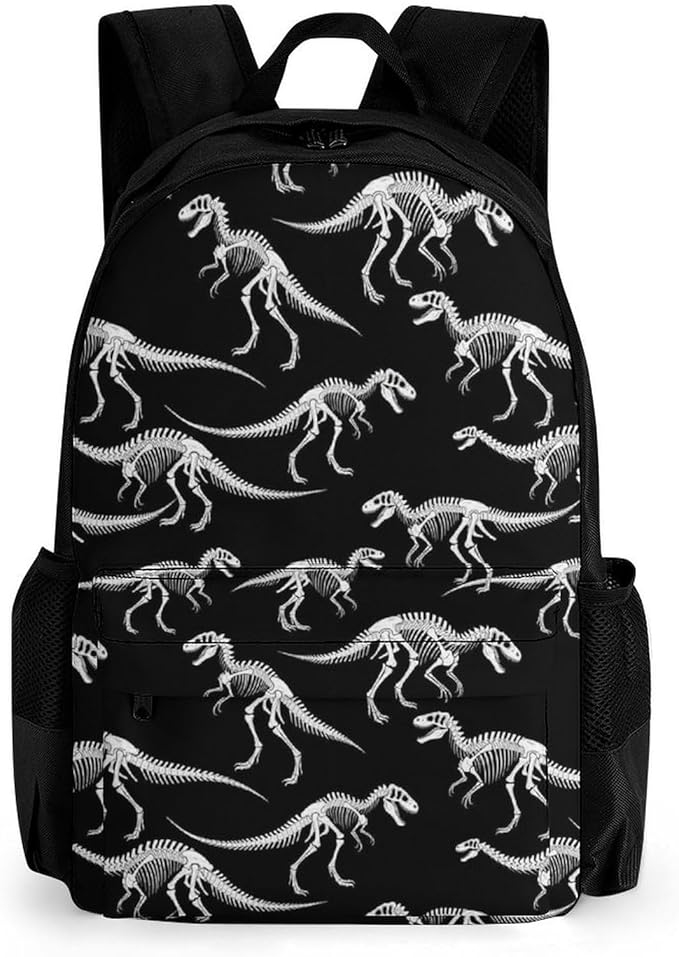 Supdreamc Men Women Lightweight Dinosaur Skull Skeleton Black Backpack Large Capacity Bookbag With Smooth Zippers for Gym Business Running