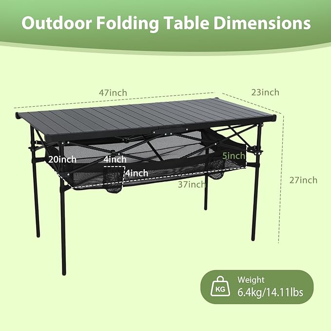 Nice C Portable Folding Camping Table, Aluminum Lightweight Roll-up Top Indoor&Outdoor Table, with Mesh Net, Cup Holder, Carry Bag, Steel Frame, for Camping, Sports, BBQ, Picnic (Black)