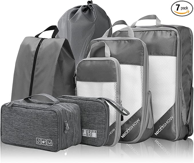 7 Set Compression Packing Cubes for Travel - Compressible, Lightweight, and Space-Saving Packing Cubes, Travel Essentials for Women, Grey