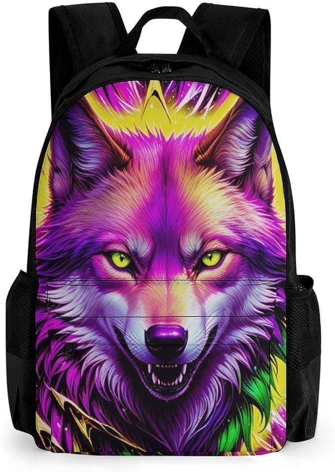 Supdreamc Backpack Anti-Theft Multipurpose Large Capacity Carry On Bag, Cool Red And Yellow Light Wolf Art Camping Outdoor Backpack With Side Pockets