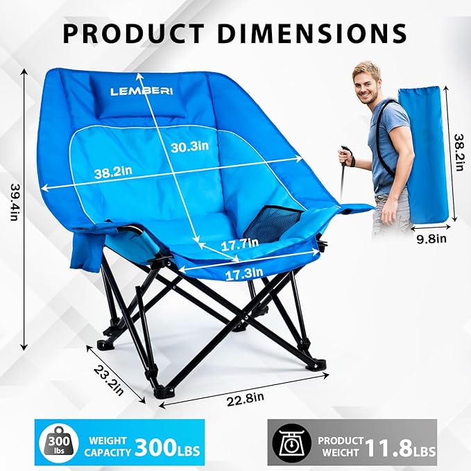 Outdoor Oversized Camping Chair, Heavy Duty Support 500 LBS for Adults, Portable Folding Wide Lawn Chair with Headrest Support and Cup Holder, Low Camping Chair for Fishing, Garden, Blue