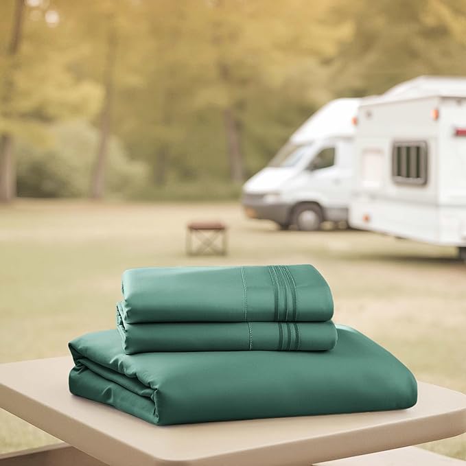 Hearth & Harbor Short Queen Sheets for RV, Forest Green RV Queen Sheets, Silky Soft 1800 Microfiber Bed Sheet for Camper, 4 Piece RV Bedding with Pillowcases