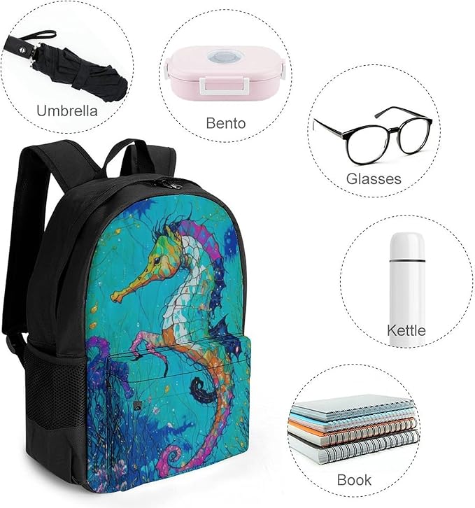Supdreamc Rucksack Anti-Theft Multipurpose Big Capacity Carry On Bag, Seahorse Art Traveling Camping Backpack With Side Pockets