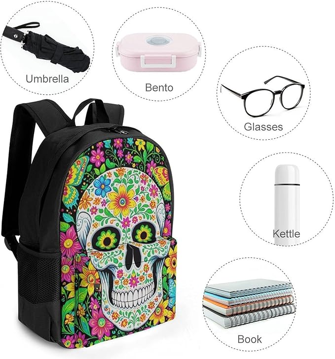 Supdreamc Men Women Polyester Colorful Floral Sugar Skull Daypack Big Capacity Shoulder Bag With Adjustable Shoulder Straps for Camping Travel Walking Cycling