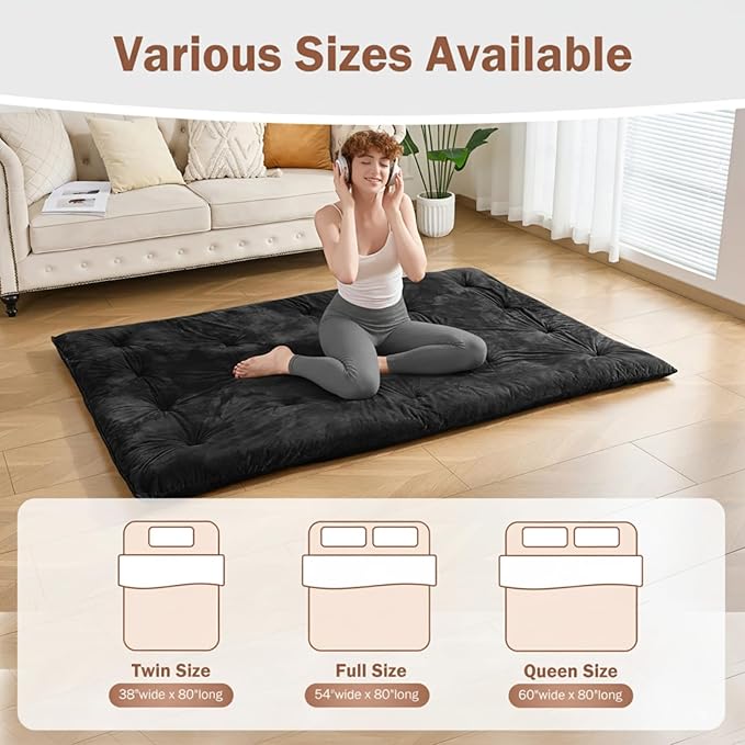 Japanese Floor Futon Mattress Twin Size 38"x 80", 2.5'' Thick Foldable Roll Up Floor Bed Sleeping Pad, 25D Foam Filled Tatami Mat with Straps for Guest Room, Dormitory & Camping, Classic Black