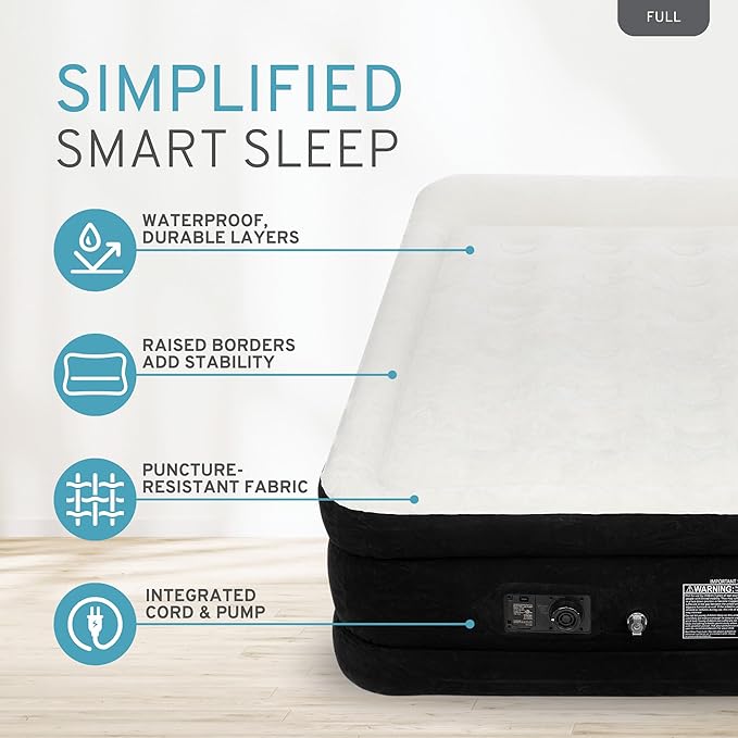 RestElevated Luxury Pillow Top Full Size Air Mattress with Built in Pump | 20" Raised Height with Coil Beam Support | Adjustable Blow Up Air Bed | for Home, Guests and Camping [Black with Cream Top]