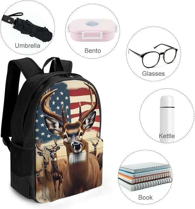 Supdreamc Lightweight Daypack Backpack for Trekking Work Running, Big Capacity Multipurpose Anti-Theft Bookbag, American Us Flag Hunting Deer Business Computer Bag