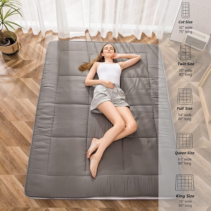 MAXYOYO Futon Mattress, Padded Japanese Floor Mattress Quilted Bed Mattress Topper, Extra Thick Folding Sleeping Pad Breathable Floor Lounger Guest Bed for Camping Couch, Dark Grey, Full