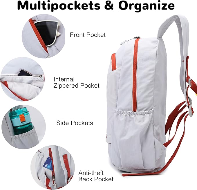 25L Lightweight Hiking Backpack with Chest Strap for Women Men, Foldable Daypack with Waterproof Wet Pocket for Travel, White