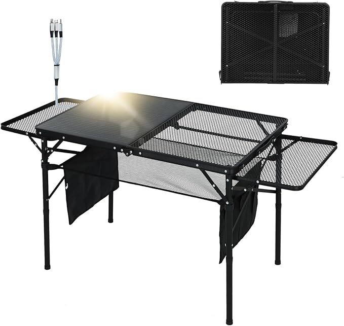 CDEN Camping Table, Grill Table, Folding Outdoor Table with Charging Station, Solar Panel, USB Type-C DC outlets, for Phone provided, 42W Output, 2 Side Shelves, mesh net, Cup Holder