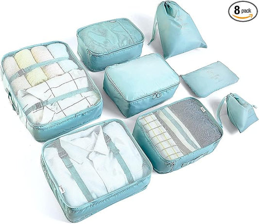 8 Set Packing Cubes for Suitcases Travel Luggage Packing Organizers,Travel Essentials Accessories Luggage Organizer with Shoe Bag Tioletry/Laundry Bag (light blue)