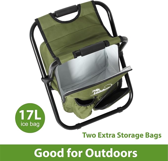 LEADALLWAY Backpack Fishing Chair with Cooler Bag Foldable Stool,Fishing Hunting Gifts for Men,Outdoor,Camping,Paints,BBQ,Beach,Picnic,Hiking,Concert,Green