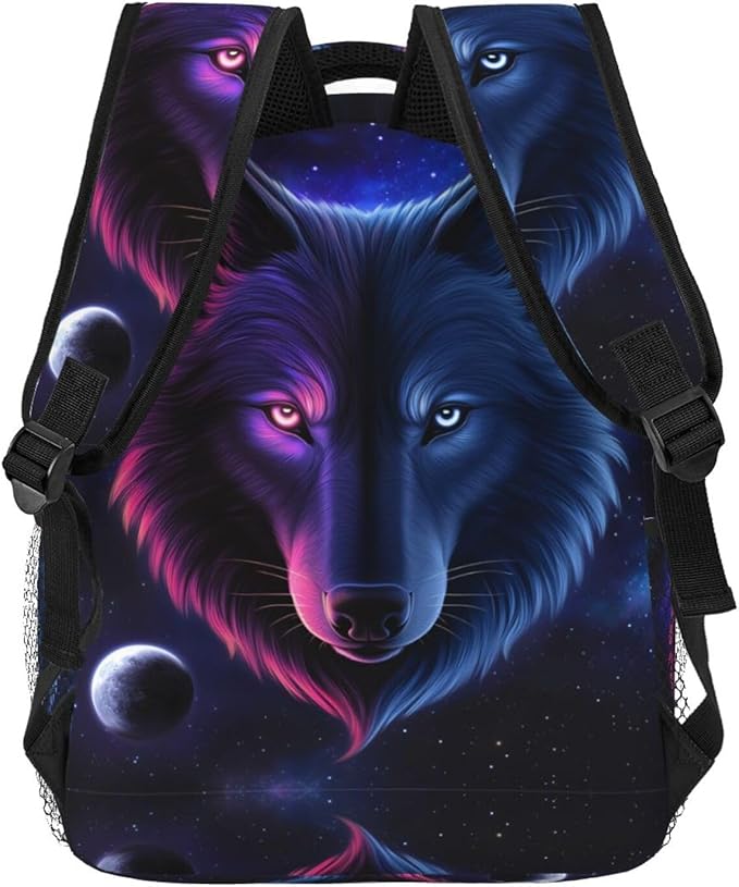 Daypack Backpack Anti-Theft Multipurpose Big Capacity Bookbag, Pink And Blue Cool Wolf Moon Art Business Computer Bag With Side Pockets