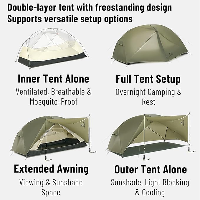 Naturehike Mongar Pro/Base Camping Tent, 1-3 Person Ultralight Backpacking Tent, PU3000mm, 20D Nylon 4 Season Waterproof, Mongar 2 Person UL Hiking Tent for Bike, Travel, Camp