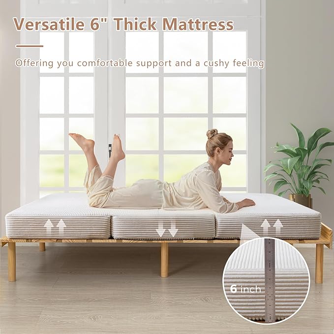 BYBYME Tri-Folding Corduroy Mattress, 6 Inches Gel Folding Mattress Topper, Foldable Soft Guest Bed Camping Pad, Washable Cover (Beige, Twin)