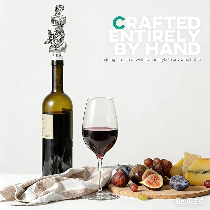 Homestia Mermaid Wine Stopper, Reusable Zinc Alloy Bottle Topper with Silicone Seal Leak-Proof, Handcrafted Decorative Wine Saver Gift for Wine Lovers