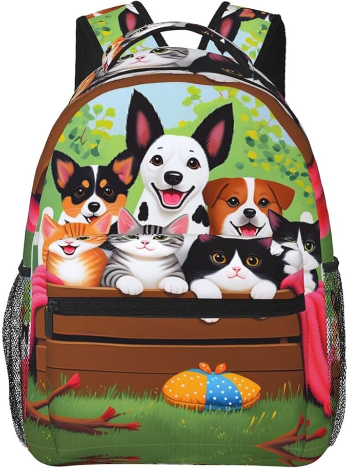 Men Women Lightweight Cute Animals Happy Dogs And Cats Art Casual Daypack Big Capacity Bookbag With Padded Straps for Gym Travel Walking Cycling