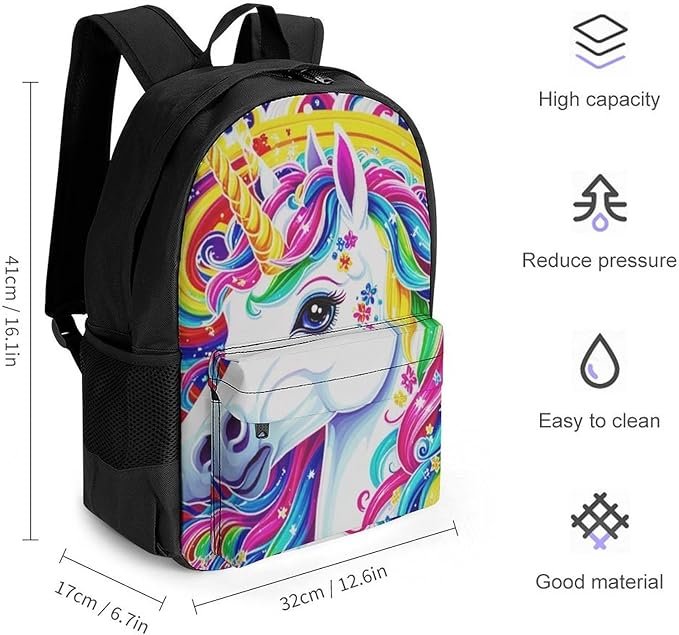 Men Women Polyester Colorful Rainbow Unicorn Daypack Big Capacity Shoulder Bag With Adjustable Shoulder Straps for Camping Travel Walking Cycling