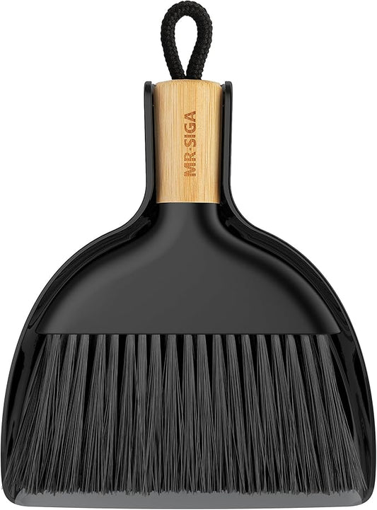 MR.SIGA Mini Dustpan and Brush Set, Portable Cleaning Brush and Dustpan Combo with Bamboo Handle, Black, 1 Set