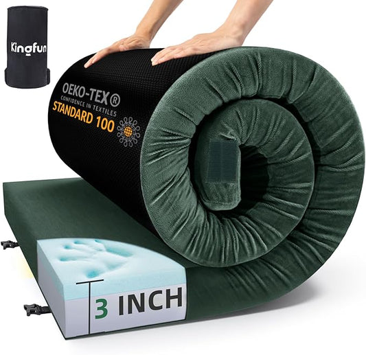 Kingfun 3 Inch CertiPUR-US Memory Foam Camping Mattress, Waterproof Roll up Sleeping Pad, Thick Floor Sleeping Mats for Tent with Removable Travel Bag