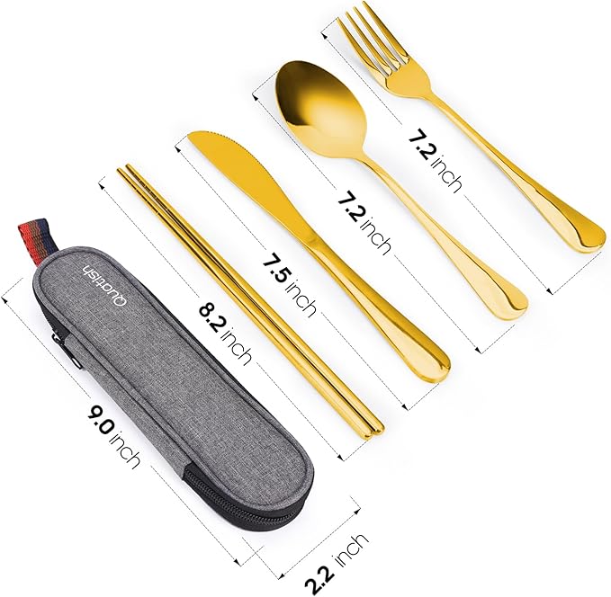 Travel Utensils with Case, Quatish Portable Silverware Set for Work, Stainless Steel Reusable Travel Cutlery Set, Fork and Spoon Set for Camping, Picnic, Gadgets, Lunch Box for Men, Gold