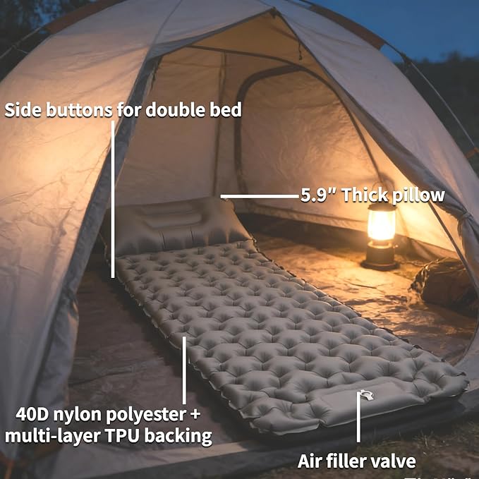 DANCHEL OUTDOOR Ultralight Inflatable Sleeping Pad for Camping - Built-in Foot Pump & Pillow, Compact Air Mattress for Backpacking, Hiking, Travel, Gray