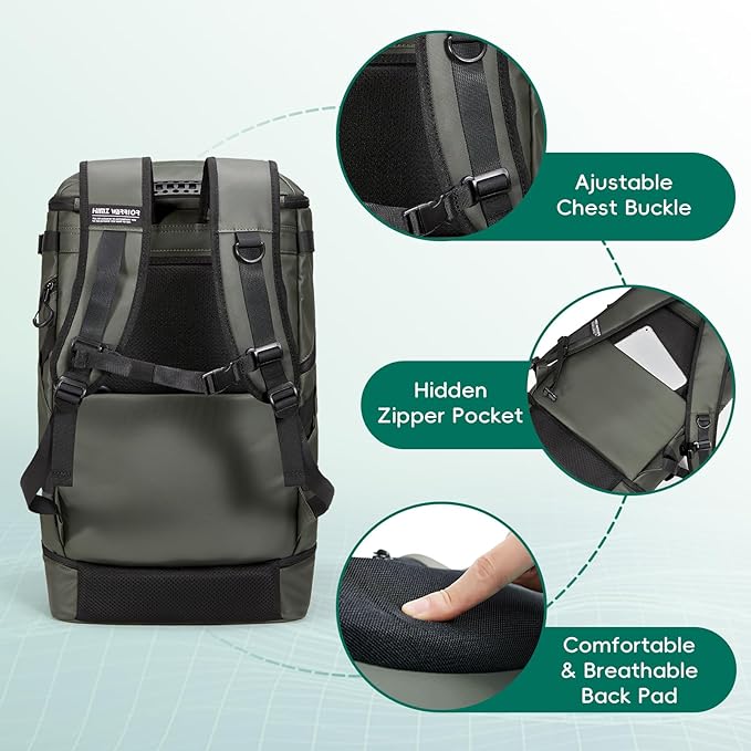 Camping Backpack with Lunch Compartment, Water Resistant Mens Backpack Insulated for Work, 17 inch Laptop Bag, Carry On Backpacks for Airplane Beach Travel, Green
