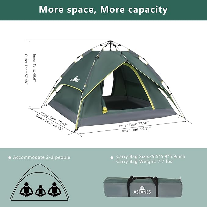 Camping Tent Automatic 2-3 Person Instant Tent Pop Up Ultralight Dome Tent 4 Seasons Waterproof & Windproof Camping Tent with Removable Outer Tarpaulin, Double Layers