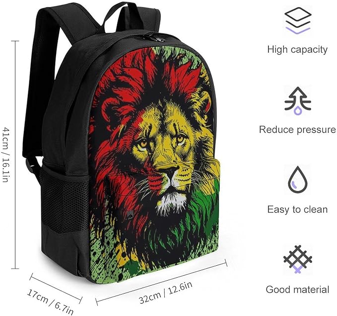 Men Women Polyester Rasta Flag Black Paint Splatter Lion Casual Daypack Large Capacity Carry On Bag With Adjustable Shoulder Straps for Camping Work Running