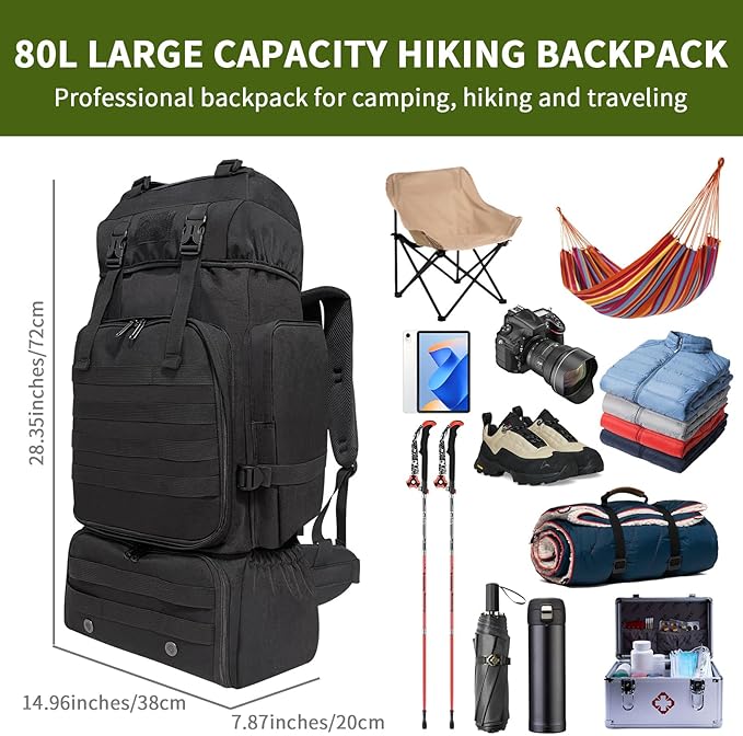 Hiking Backpack, 80L Molle Military Tactical Rucksack, Camping Backpack with Shoe Compartment, Lightweight Rucksack for Men, Water Resistant Hiking Daypack Survival Bag Hiking Bag (Black)